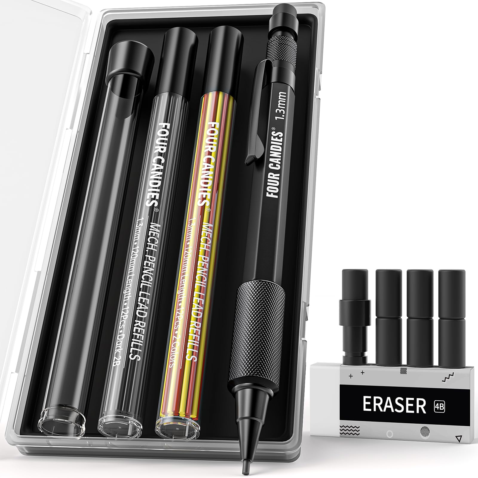 Four Candies 1.3mm Mechanical Pencil Set with Case, Metal Heavy Duty Outdoor Carpenter Pencil with 24 Refills (Red Black Yellow), Eraser, 6 Eraser Refills for Architect Drafting Sketching Woodworking