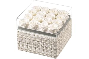 Eterfield Forever Flowers Preserved Roses Real Roses That Last Over a Year Rose Box Gifts for Her Mothers Day Valentines Day Christmas (Square Gold White Plaid Box, 16 White Roses)