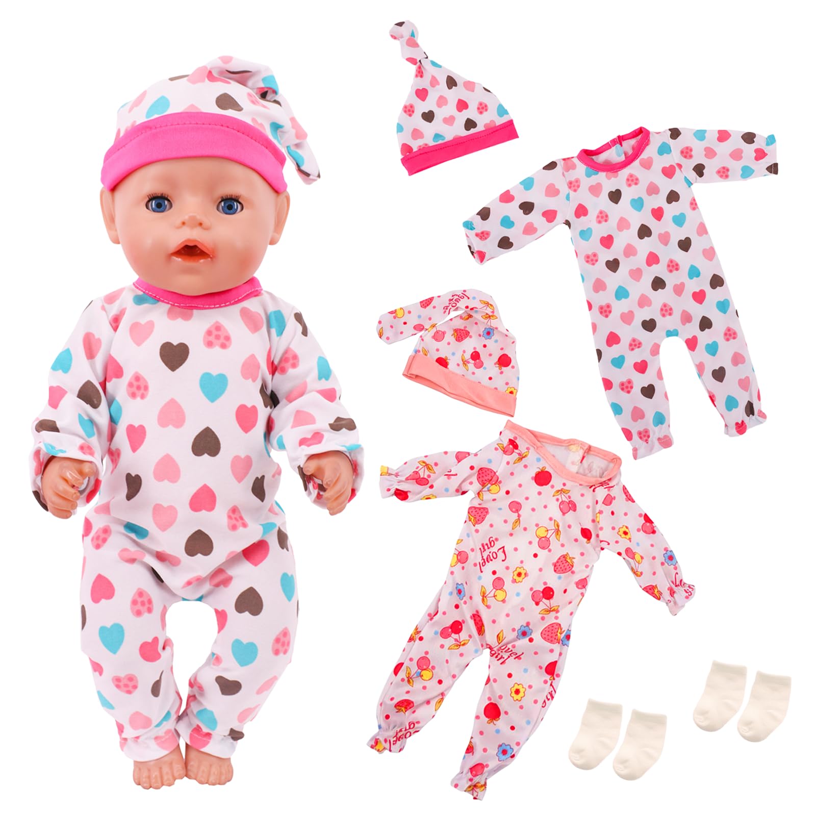 Baby Doll Clothes for 16-18 Inch Dolls, 6-Piece Baby Doll Outfits Set, Pink Strawberry/Heart Bodysuit + 2 Hats + 2 Pairs of Socks, Sweet Cartoon Baby Doll Clothes, as a Gift for Girls