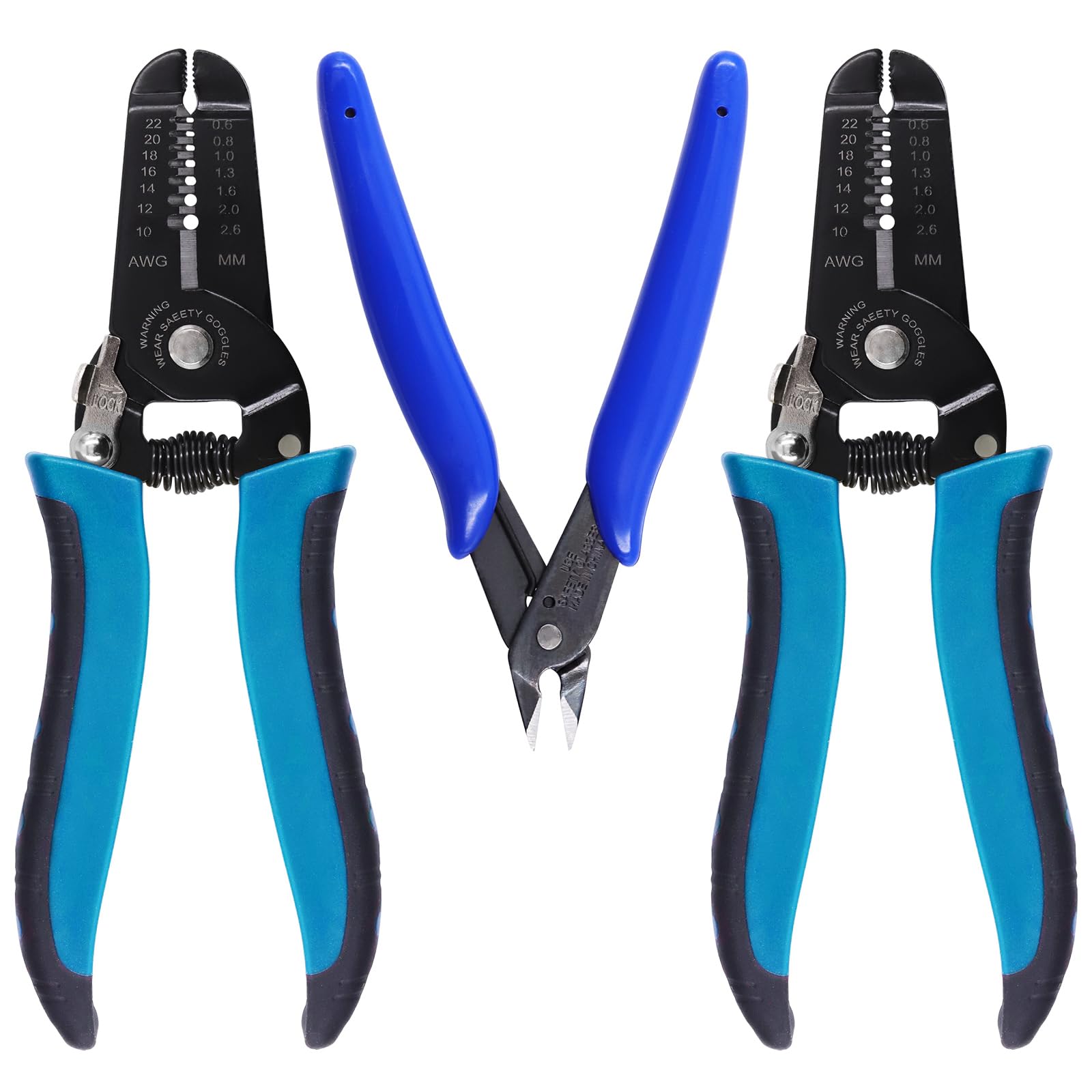 Glarks 3Pcs Wire Stripping Tool and Wire Flush Cutter Set, Professional 10-22AWG Wire Stripper Cutting Pliers Stainless Steel Side Cutter, Multi-Function Hand Tool for Electronics