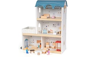 Wooden Dollhouse for Kids, Wood Doll Houses,Three-Story Dollhouse with Furniture & Accessories, DIY Pretend Play House with 3
