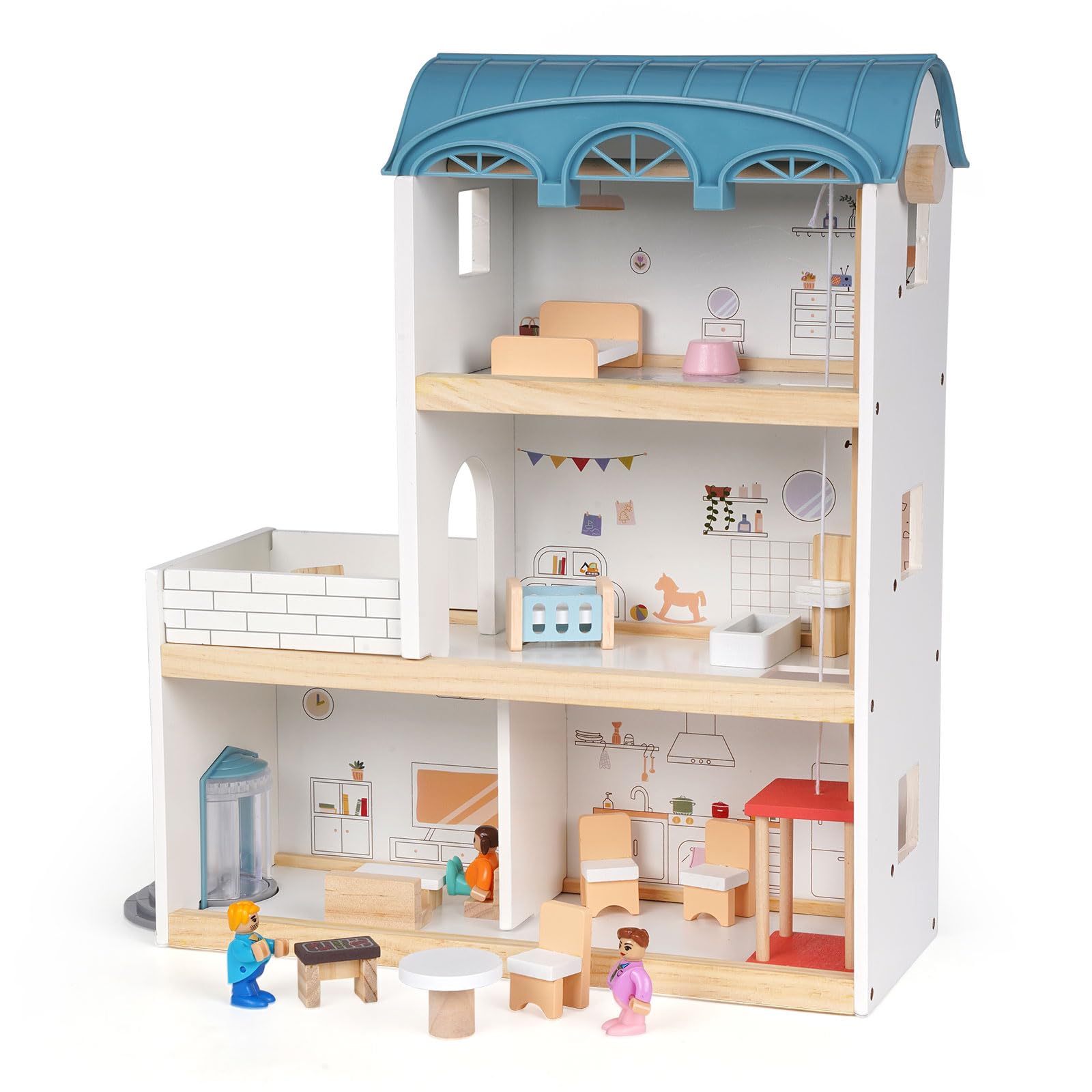 Photo 1 of Wooden Dollhouse for Kids, Wood Doll Houses,Three-Story Dollhouse with Furniture & Accessories, DIY Pretend Play House with 3 Toy Figures, Gift for Toddlers & Young Girls Boys