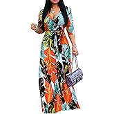 FANDEE Plus Size Maxi Dress for Women Casual Summer Sundress V-Neck 3/4 Sleeve(Multicolored Leaves,XX-Large)