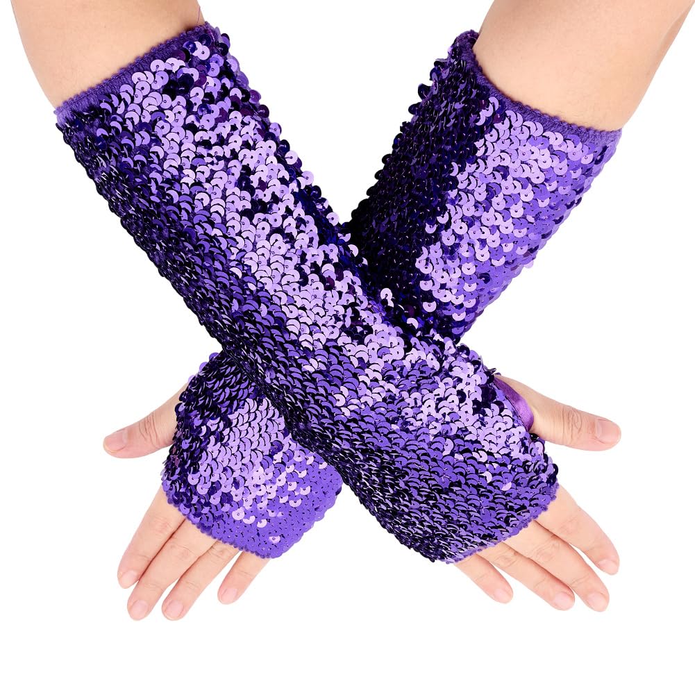 CABODYALS 1 Pair Purple Sequin Fingerless Gloves Sparkly Sequins Stretchy Long Arm Sleeves Elastic Glitter Oversleeves Rave Dance Glove Bulk for Women Party Costume Performance Halloween Accessories โ image 1