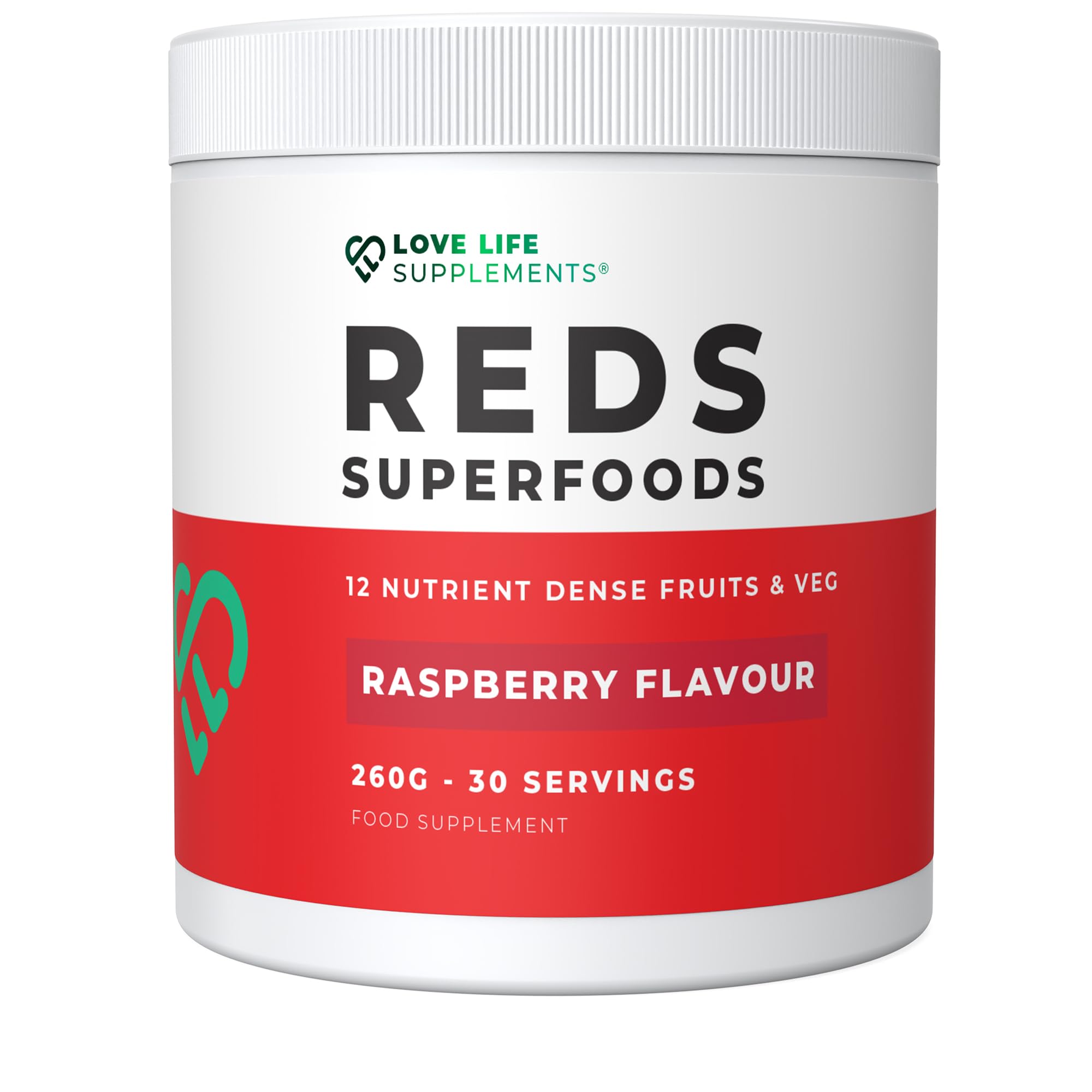Reds (Red Fruit Drink) - 260g Tub / 30 Servings - Natural Raspberry Flavour with Stevia - Manufactured in the UK - Love Life Supplements - Live Healthy, Love Life.
