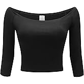 OThread & Co. Women's Off Shoulder 3/4 Sleeve Crop Top Comfy Basic Stretch Layer Shirt
