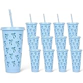 JarThenaAMCS 12Pcs Blue Bow Plastic Cups with Straw and Lid 24oz Ribbon Bow Tumbler Blue Coquette Cold Cups for Xmas Winter Cold Drinks Home Office Party Decoration