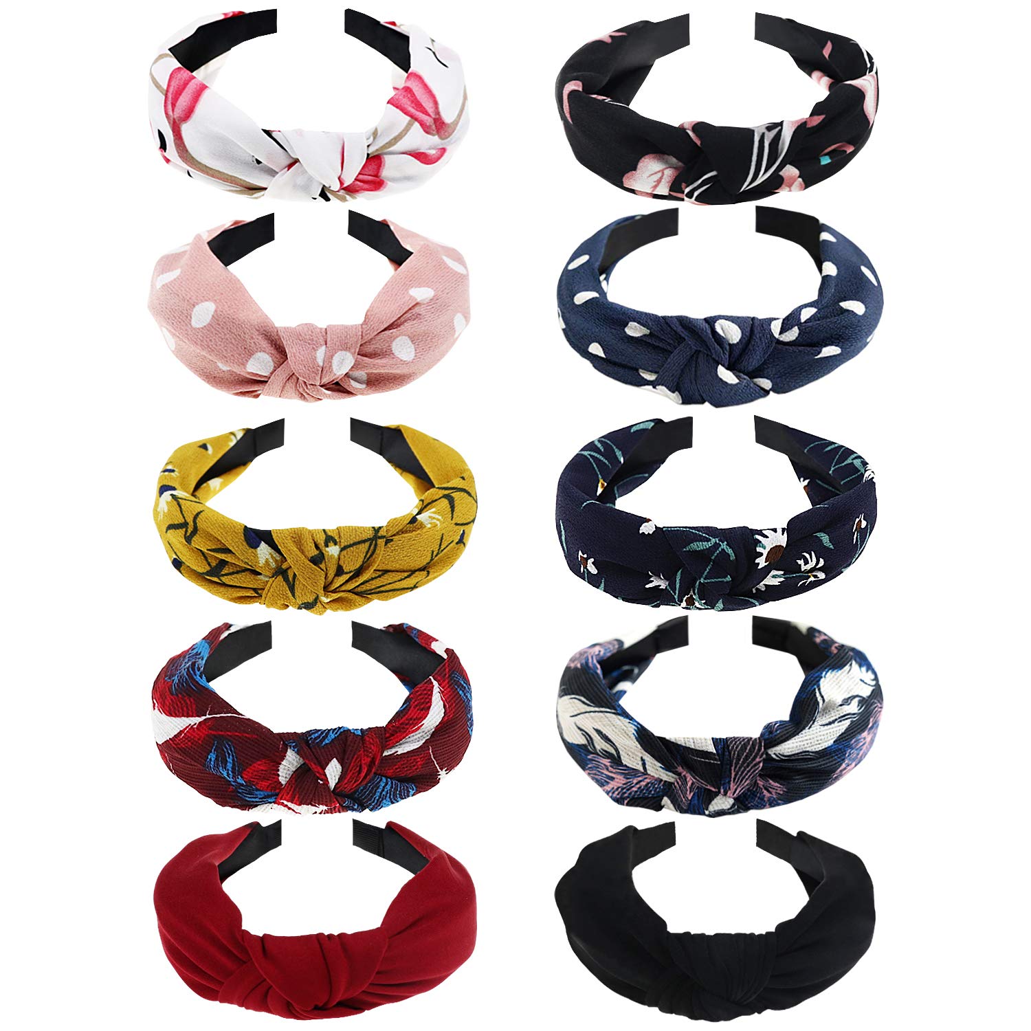 DRESHOW Headbands for Women 10 Packs Mixed Printed Fabric Hair Band Knot Headband Wide Elastic Hairbands Cute Alice Band Hair Accessories