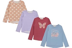 BTWEEN Girls Long Sleeve Fall Graphic Tops, School & Sports Tees, 4 Pack Multiple Pattern Tshirts