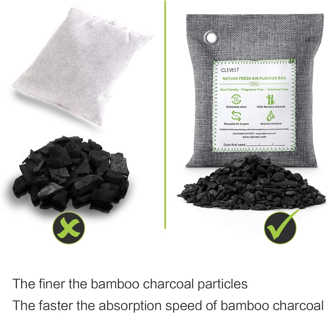 CLEVAST Bamboo Charcoal Air Purifying Bags (4×200g), Removes Odors and Moisture, Nature Fresh Air Purifier Bags for Home, Car, Pets, Bathroom, Basement: Home & Kitchen