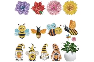 SOEWIOU Diamond Art Kits, 12 Pcs Bee Gnome Flower Stakes Diamond Painting Kits for Adults Kids, 5D DIY Bee Gnome Floral Ornaments Diamond Art Supplies Crafts for Indoor Outdoor Garden Yard Party Decoration