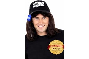 ALLAURA Compatible with Wayne’s World Wig and Hat – Black Mullet Wig with Wayne’s Cap for Men – 80s Rocker Costume, Heavy Met