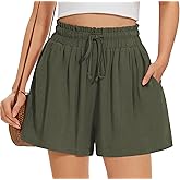 UEU Womens Linen Casual Shorts Summer Ruffle High Waisted Wide Leg Drawstring Beach Pleated Lounge Short with Pockets