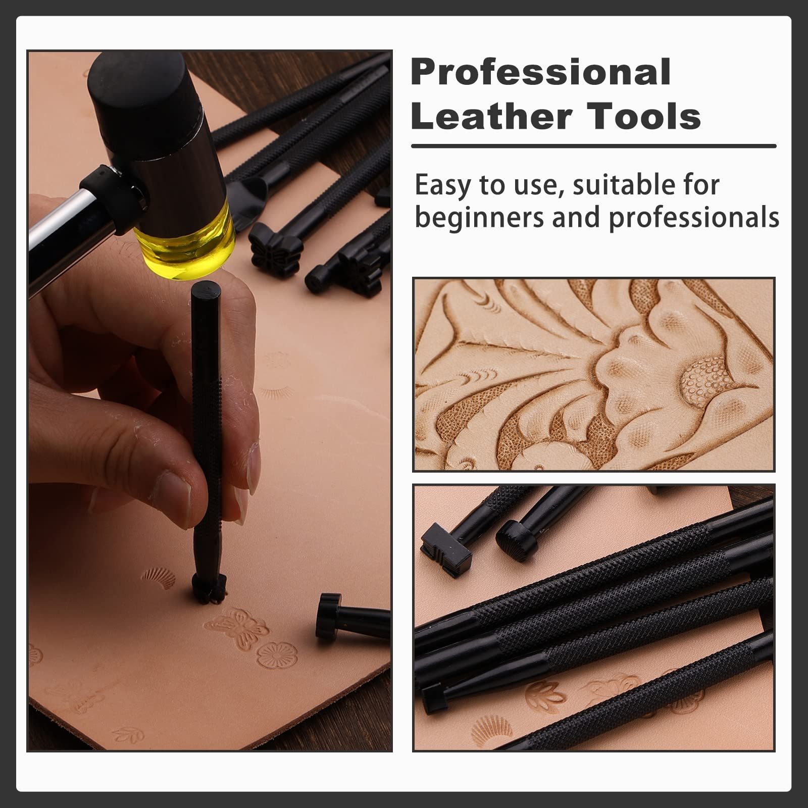 Wonvoc 21 Pcs Leather Stamping Tools, Leather Stamping Kit with 20 Patterns, Leather Carving Kit, Leather Stamping Tools Geometric, Leathercraft Stamping Tools and Mallet for DIY Leather Crafts