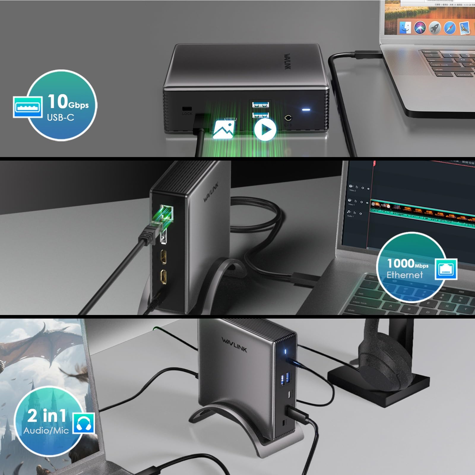 USB C Docking Station,PD3.1 Docking Station für 3 Monitore mit 2*DP+HDMI, 4K@144Hz,140W Ladegerät, USB-C 10Gbps,USB-A 5Gbps,Gigabit-Ethernet,Audio/Mikrofon für Lenovo, HP, Dell, Windows System 8
