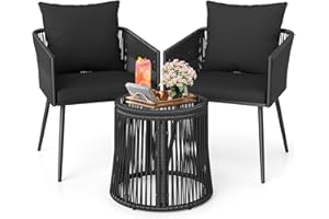 KOTEK 3 Piece Outdoor Wicker Bistro Set, PE Rattan Chairs with Cushions & Round Side Table with Tempered Glass Top, Patio Con