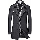 PRIJOUHE Men's Wool Blend Jacket Single Breasted Slim Fit Thick Winter Windproof Pea Coat with Removable Scarf
