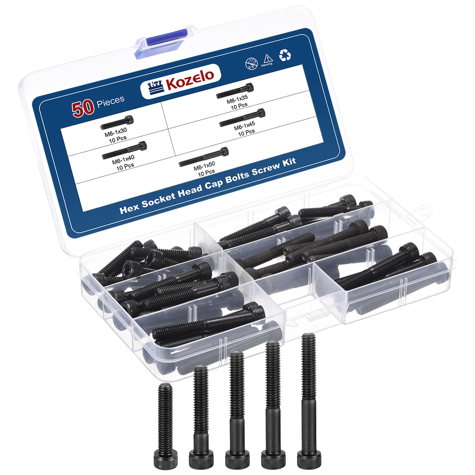Kozelo 50pcs M6 Socket Head Cap Screws Bolts Nuts Assortment Kit - [M6x30/35/40/45/50mm] Alloy Steel Fully Threaded Black Oxide 12.9 Internal Hex Screw for 3D Printer Use