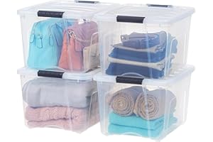 IRIS USA 40 Qt Stackable Plastic Storage Bins with Lids, 4 Pack - BPA-Free, Made in USA - See-Through Organizing Solution, Latches, Durable Nestable Containers, Secure Pull Handle - Clear
