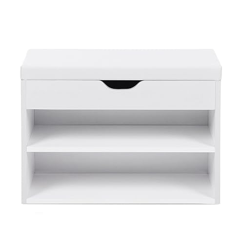 SoBuy White Storage Bench with 3 Drawers & Removable Seat Cushion, Shoe