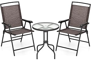 DORTALA 3 Piece Patio Set, Small Outdoor Table and Folding Chairs with Tempered Glass Tabletop, Conversation Bistro Set for B