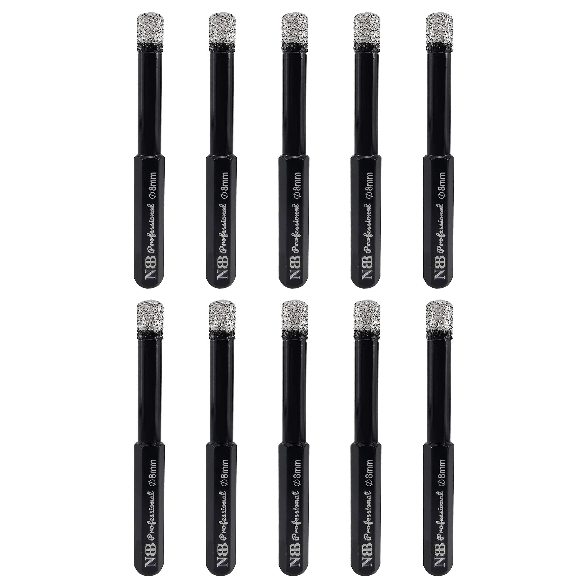 NBB Brazed Diamond Drill Bits with hex shank, for Dry drilling on hard Porcelain, Ceramic, Tile, Granite, Marble, extra longer life in wet drilling, used on cord or cordless pistol drill (8mm x10pcs) — image 1