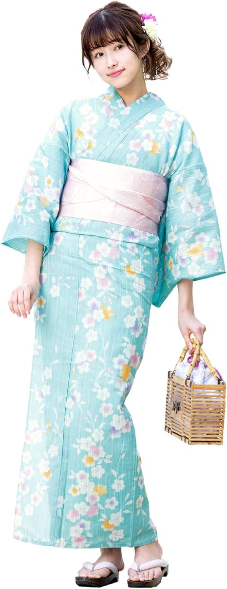 Amazon ソウビエン 浴衣セット レディース レトロ 水色 ライトブルー 桜 さくら 花 綿麻 女性 花火大会 作り帯 ピンク 浴衣 通販