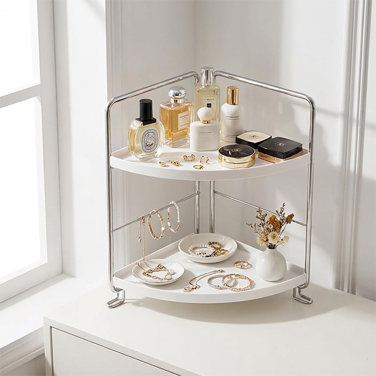 Ncheli Double Layer Corner Shelf, Kitchen Corner Shelf, Spice Rack, Kitchen Worktop, Corner Wall Shelf, Corner Shelf, Standing Cup Shelf for Kitchen, Living Room, Office, Bathroom (White) (ZJZWJ)