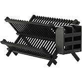 HBlife Dish Rack, Black Bamboo Folding 2-Tier Collapsible Drainer Dish Drying Rack with Utensils Flatware Holder Set (Dish Rack with Utensil Holder)