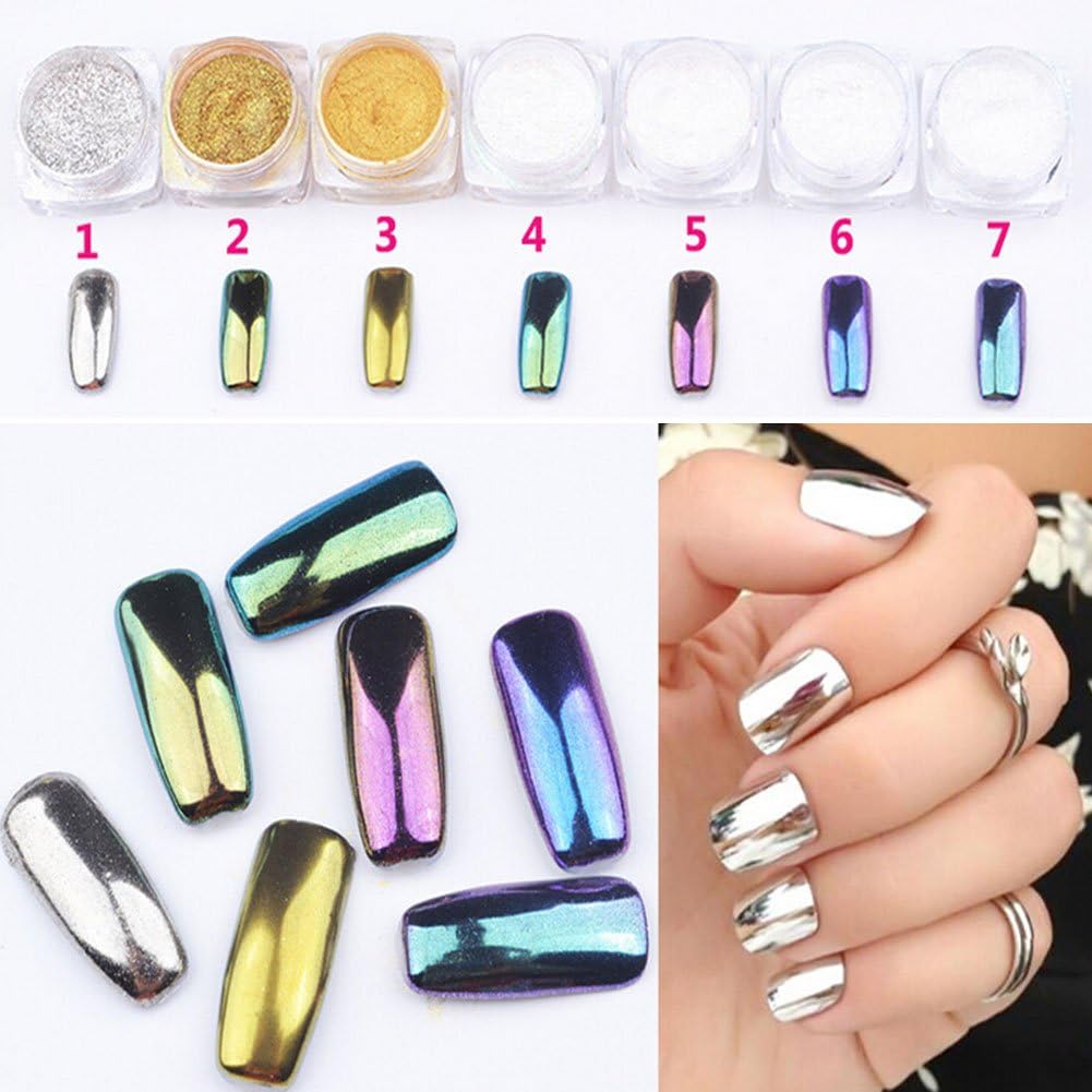 CINEEN 7 Colors Mirror Powder Set Nail Art Chrome Effect Nail Spell Mirror Metallic Nail Polish Effect Nail Art Additive Effect Pigment with dual head sponge eyeshadow applicators