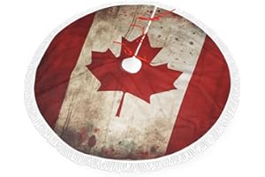 Retro Canada Flag Christmas Tree Skirt 30", Soft Plush Xmas Tree Carpet with Tassel Christmas Ornaments Winter Holiday Tree M