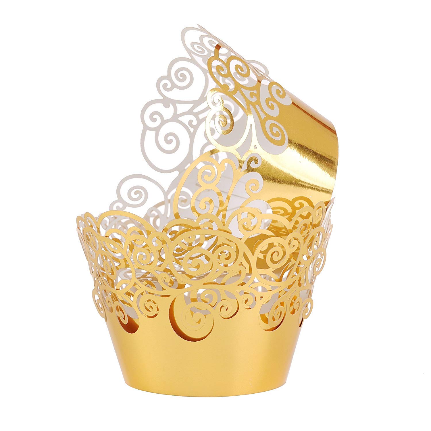 Filigree Artistic Cupcake Paper Cup Liner Vine Lace Laser Cupcake Wrappers for Wedding Party Birthday Decoration (Mirror Gold)