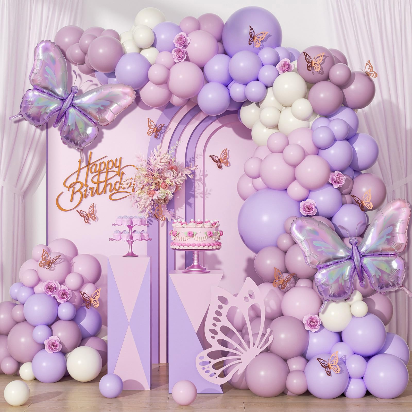 Photo 1 of 128pcs Pink and Purple Butterfly Balloon Arch Kit, Party Decorations with Sand White Dusty Purple Butterfly Balloon Stickers for Theme Birthday Baby Shower Wedding Decorations