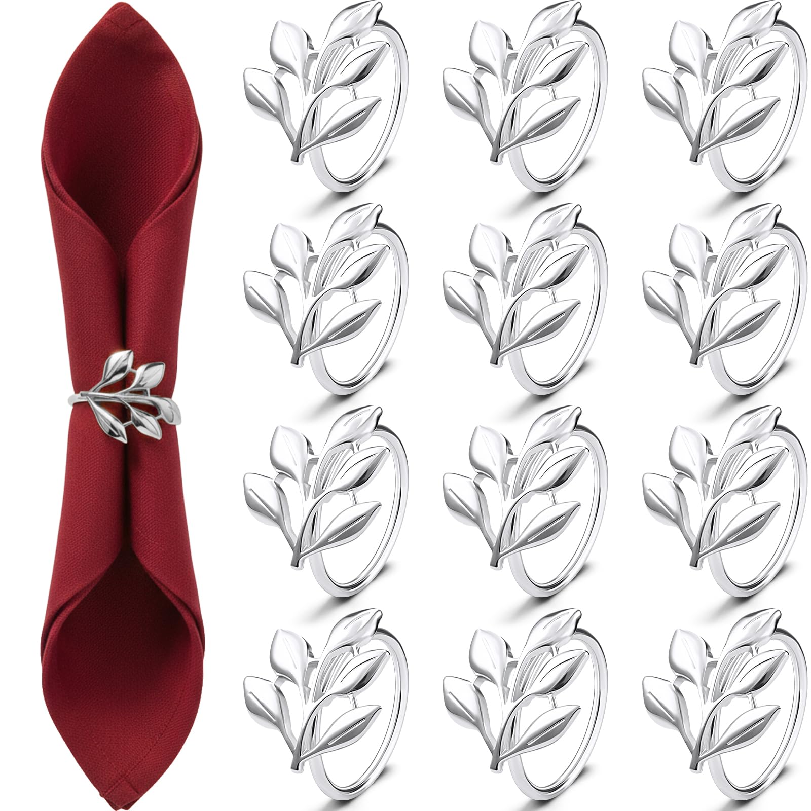 WILLBOND Leaf Napkin Rings Holders Fall Party Napkin Rings for Christmas Thanksgiving Parties, Wedding Adornment, Table Decoration Accessories (Silver, 12)