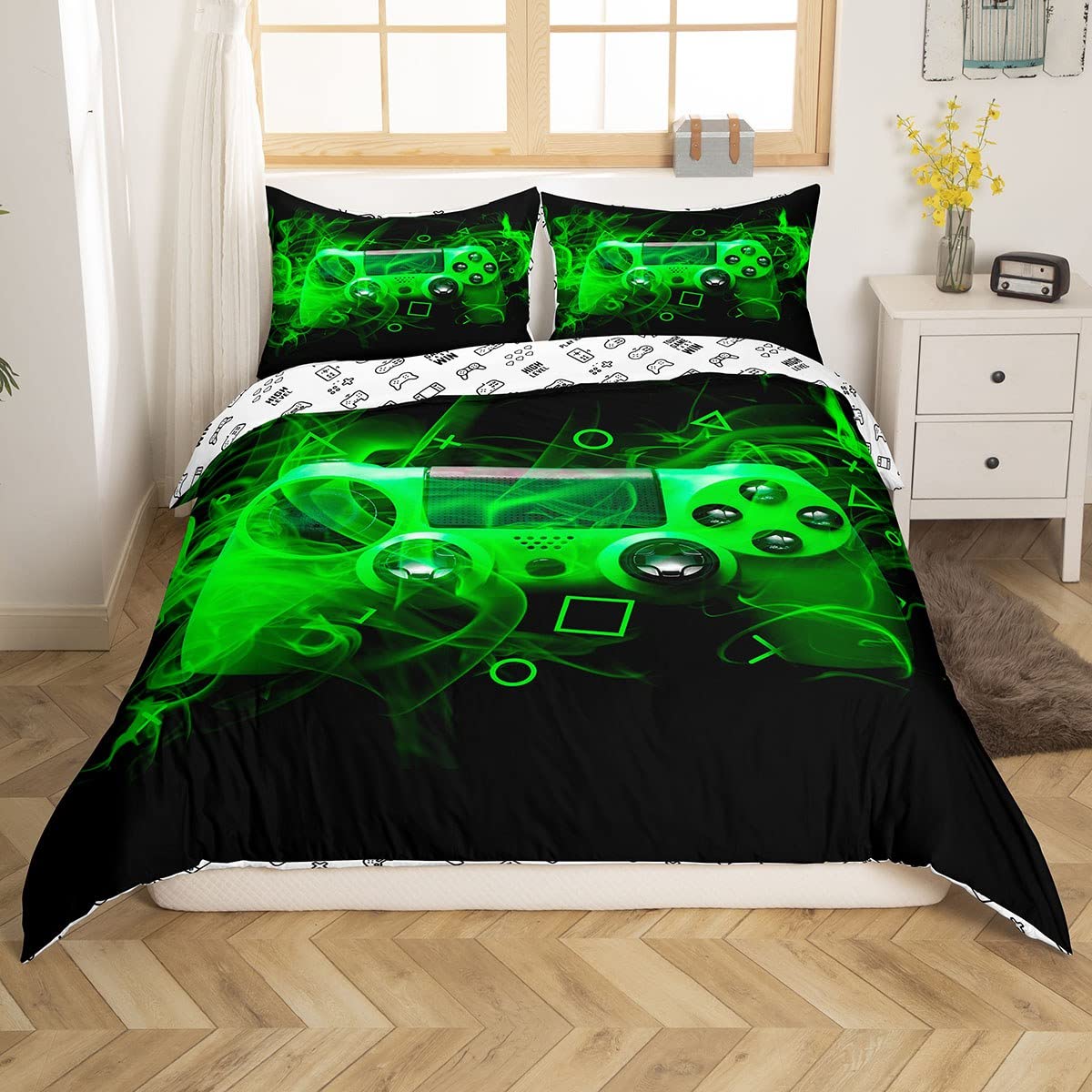 Youth Gaming Bedding Set Kids Gamer Duvet Cover for Boys Girls Game Controller Comforter Cover Teens Modern Games Console Action Buttons Bedspread Cover Room Decor Double Size Green Black — image 1