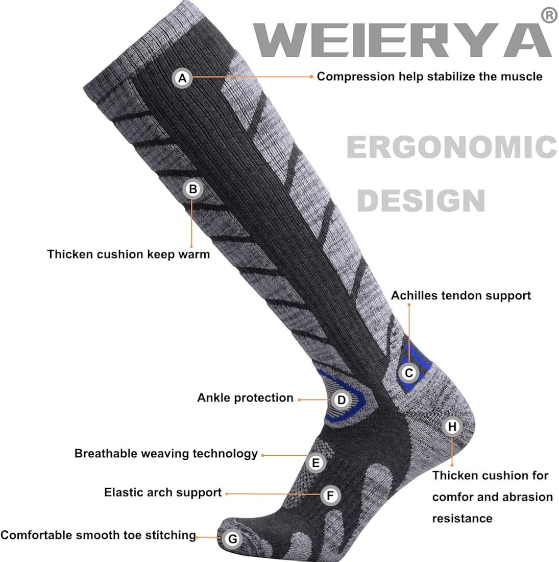 WEIERYA Ski Socks 2 Pairs Pack for Skiing, Snowboarding, Outdoor Sports Performance Socks: Clothing