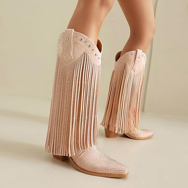 AIJIVOU WOMEN’S RHINESTONE FRINGE COWGIRL BOOTS, SPARKLY WESTERN COWBOY BOOTS POINTED TOE KNEE BLOCK CHUNKY MIDDLE HEEL PULL ON MID CALF BOOTS FOR WOMEN GIRL PARTY (PINK, 9 M US)