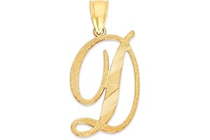ICE ON FIRE JEWELRY Solid 10K Gold Letter D Pendant - Script Style Initial Diamond-Cut Initial Charm Personalized Jewelry