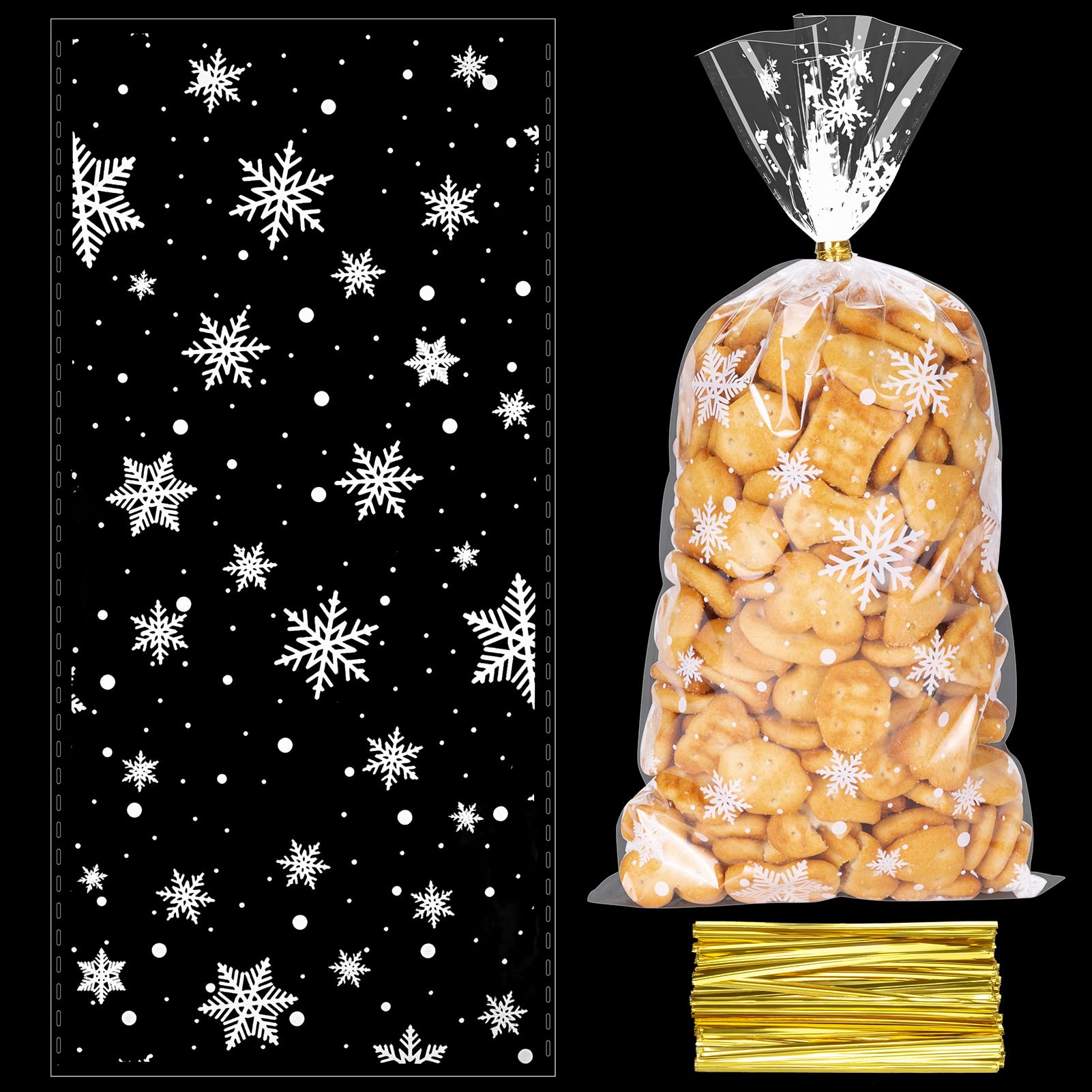 100 Pieces Christmas Cellophane Sweet Bags, Clear Treat Bags, Snowflake Pattern Cookie Bags with 200pcs Twist Ties for Christmas Party Favors Supplies