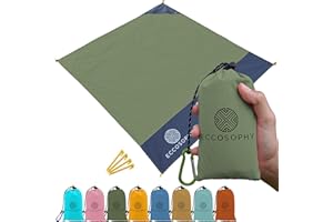 ECCOSOPHY Sand Proof Beach Blanket - Waterproof Picnic Blanket 60x55-Outdoor Compact Pocket Blanket-Lightweight Ground Cover for Hiking, Camping, Festivals, Sports, Travel-with Bag & Stakes (Olive)