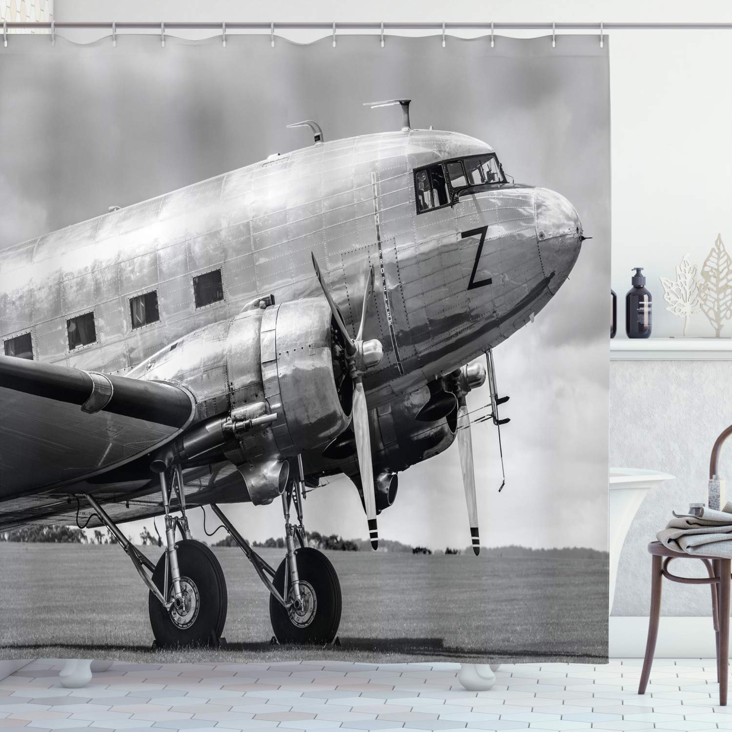 ABAKUHAUS Vintage Airplane Shower Curtain, Old Airliner Cockpit Antique Engine Propellers Wings and Nostalgia Image, Cloth Fabric Bathroom Decor Set with Hooks, 86 Inches Extra Long, Grey Black