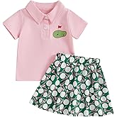 Dewadbow Toddler Girl Golf Outfit Short Sleeve Hole in One Polo Shirt and Golf Print Mini Skirt Set 6 12 18 24M 2 3 4T