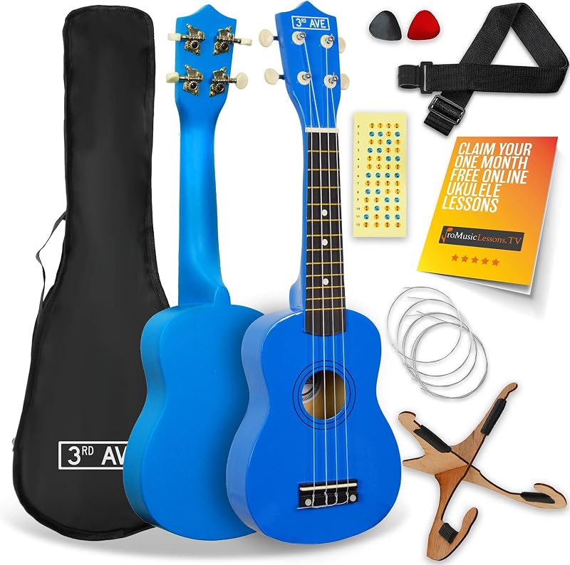 3rd Avenue Soprano Ukulele 21 Inch Beginner Pack Blue with Bag Stand Strap