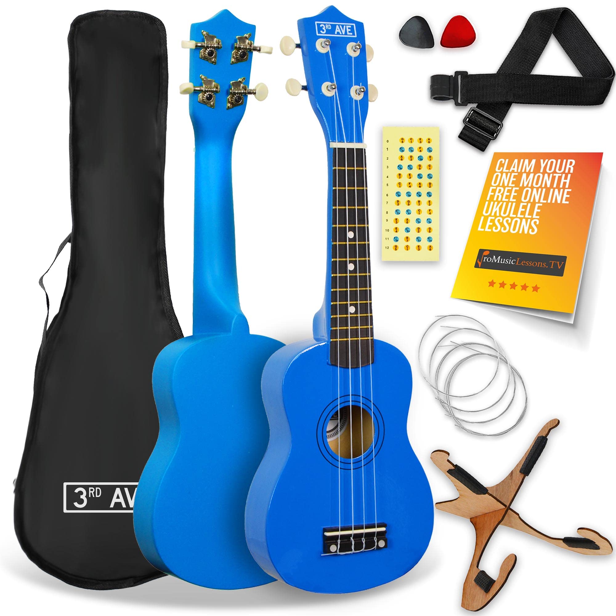 3rd Avenue Soprano Ukulele 21 Inch Beginner Pack Bundle – Bag, Stand, Strap, Strings, Picks and Fret Stickers – Blue with FREE 1 Month Online Lessons