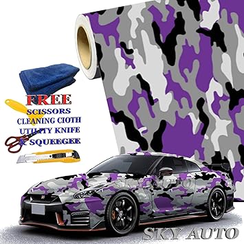 Amazon Com Sky Auto Inc Purple Black White Gray Camouflage Vinyl Car Wrap Film Sheet Free Cutter Cleaning Cloth Scissors Squeegee 25ft X 5ft 300 X 60 Automotive