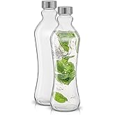 JoyJolt Glass Water Bottles - 2pc Set, 32 oz/1 Liter, Clear Glass with Stainless Steel Lids, Leakproof, Ideal for Juicing or Iced Tea