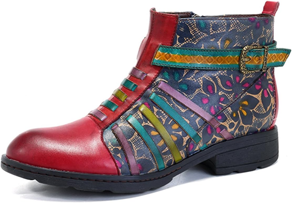 Socofy Leather Ankle Boots, Women's Winter Leather Boots Shoes Ladies Spring Casual Walking Oxford Boots Vintage Handmade Pattern Flat Heel Non Slip Side Zip Boots Retro Round Toe Party Dress Shoes