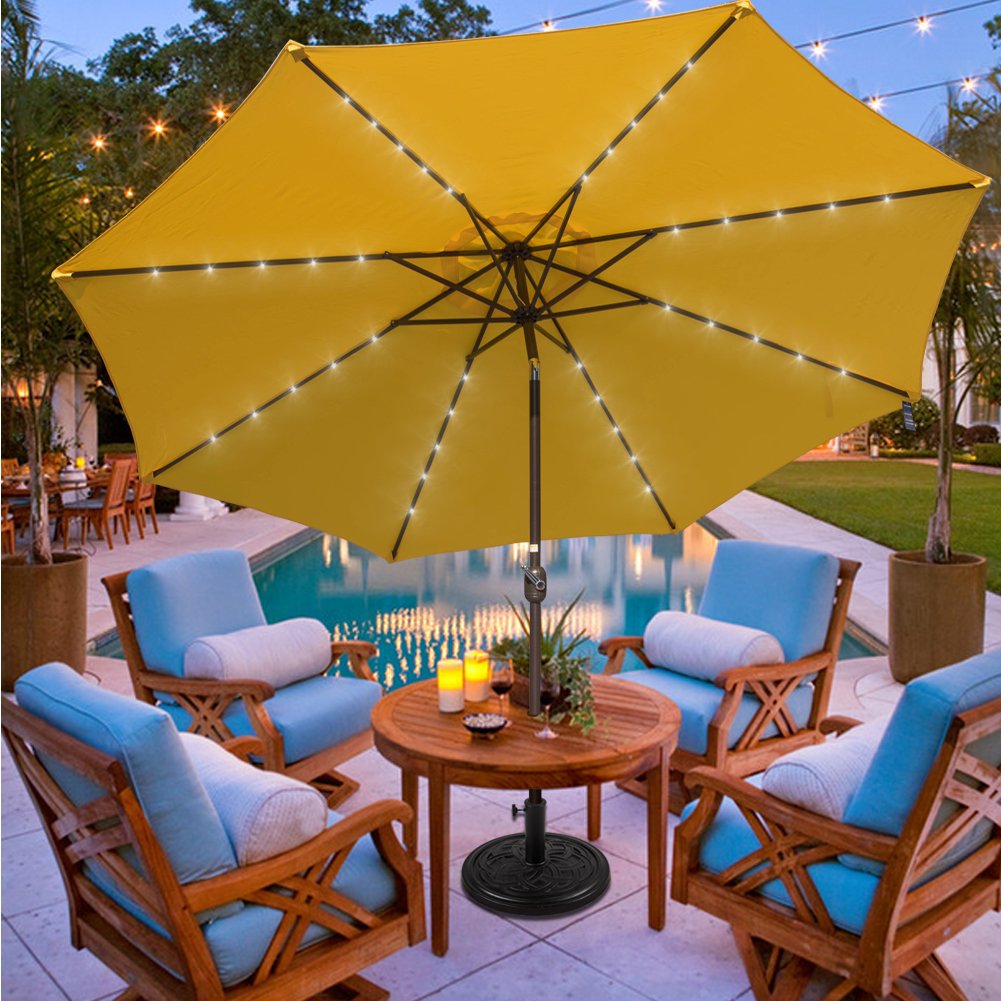 Garden Pool Solar Powered Lighted Parasol Sundale Outdoor 11ft 40 Led Lights Aluminum Patio Market Umbrella With Hand Push Tilt And Crank 8 Ribs Apple Green Umbrellas Umbrellas Shade