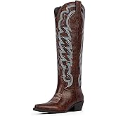 Modatope Cowboy Knee High Boots for Women Pointed Toe Chunky Heel Embroidered Wide Calf Cowgirl Boots Women Pull on Western Boots
