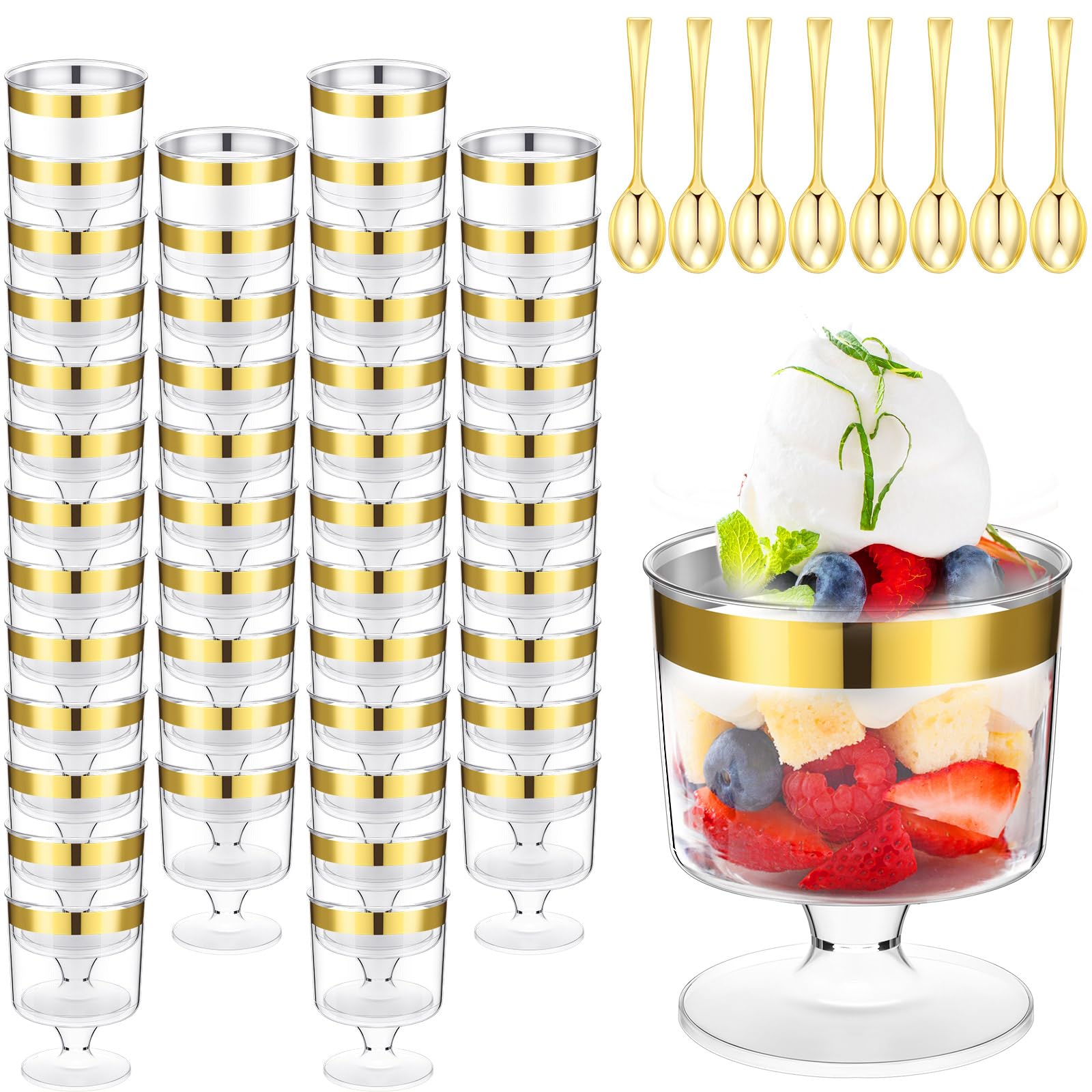 Photo 1 of Yinder 200 Pcs Mini Dessert Cups with Spoons Include 100 Disposable Plastic Mousse Cups 100 Tasting Spoons Clear Plastic Parfait Glasses Dessert Bowls for Wedding Party(2 Oz,Gold)